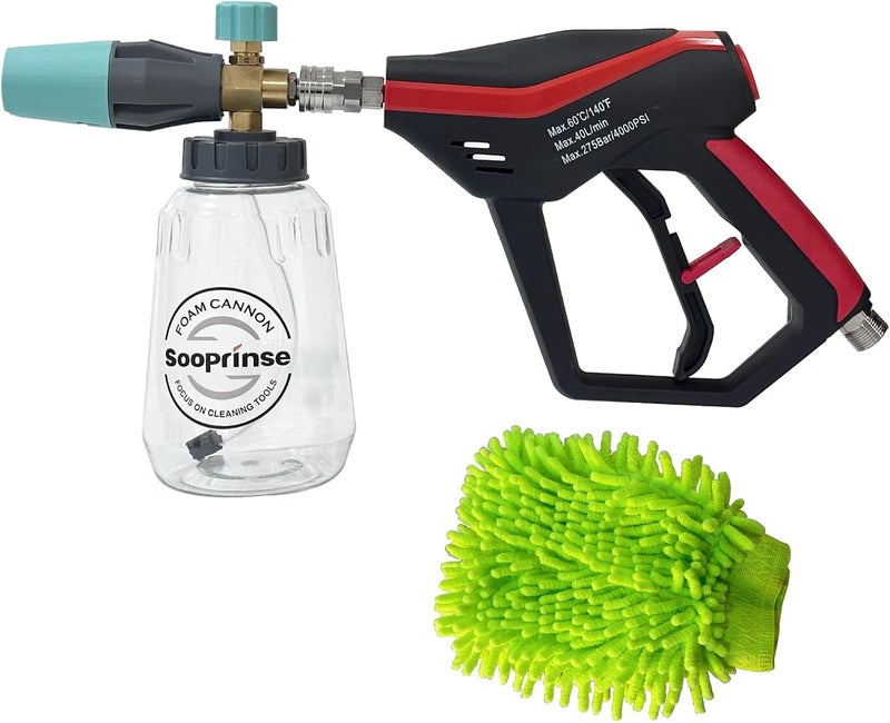 Sooprinse Pressure Washer Gun with Foam Cannon Snow Foam Lance, Short Pressure Washer Gun with Foam Cannon with 1/4 Inch Quick Connector, Power Washer Foam Blaster with Car Wash Mitt, 4000 PSI,1 Liter - Image 1